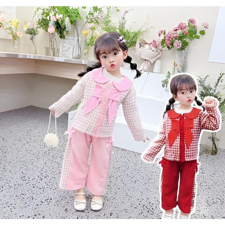Setelan Anak Perempuan Usia 2-5 Tahun | One Set Anak Cewek Baju Lengan Panjang Kotak-Kotak Mix Krah 