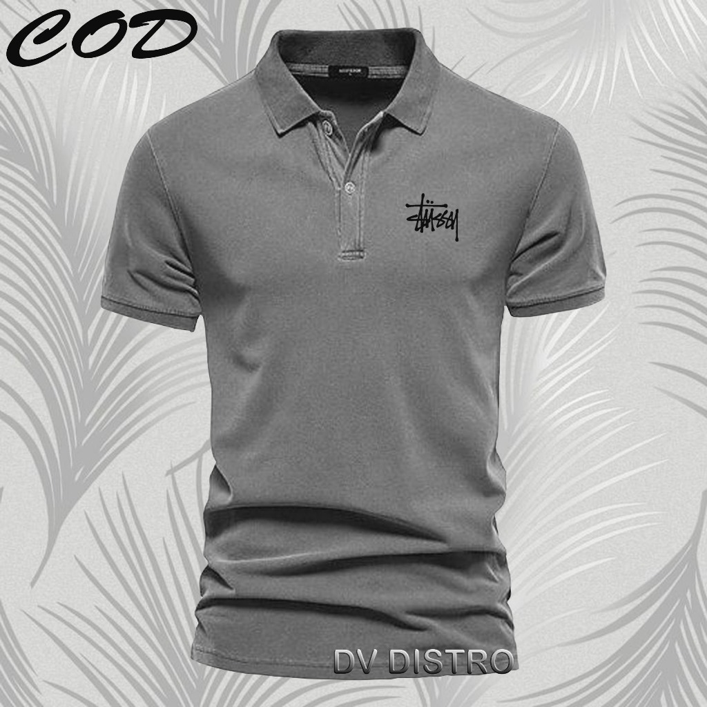 COD T-shrit POLO kerah Stussy Text Hitam Kaos Kerah Dewasa Shirt / Kaos Wangki Pria Polo / Kaos Sera
