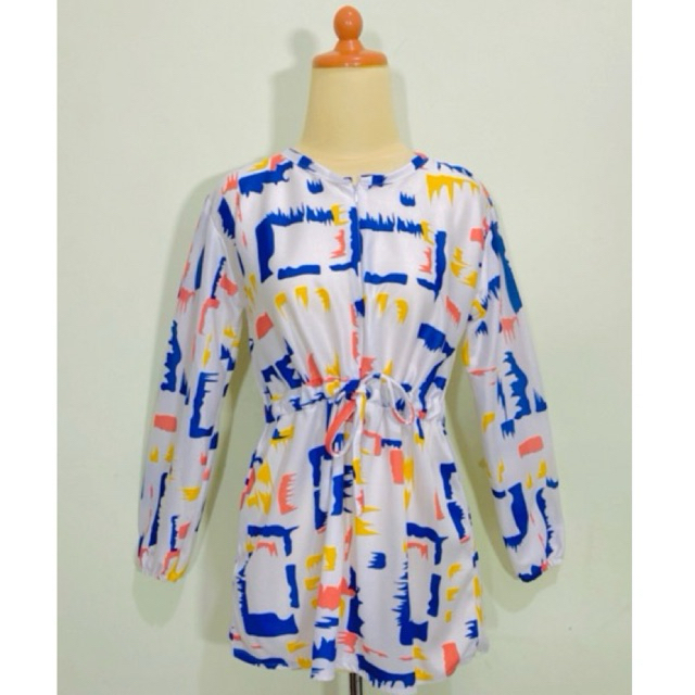 Atasan Blouse blus wanita atasan Tunik vintage bahan stretch motif abstrak warna putih - Kemeja 1672