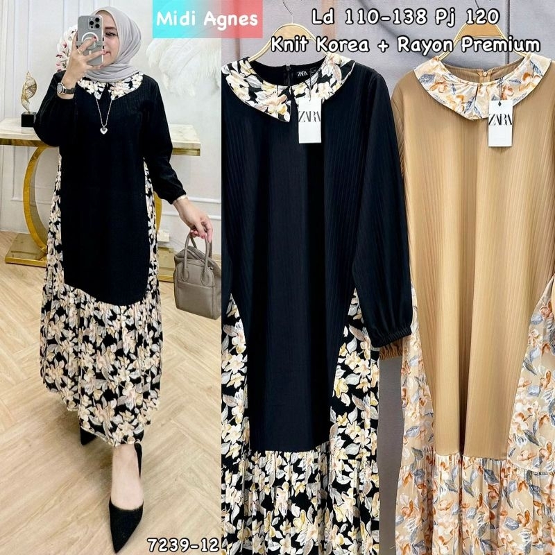 dress (Midi Agnes Black Cream) midi gamis perempuan dres midi muslim baju kondangan Midi pesta modern import murah