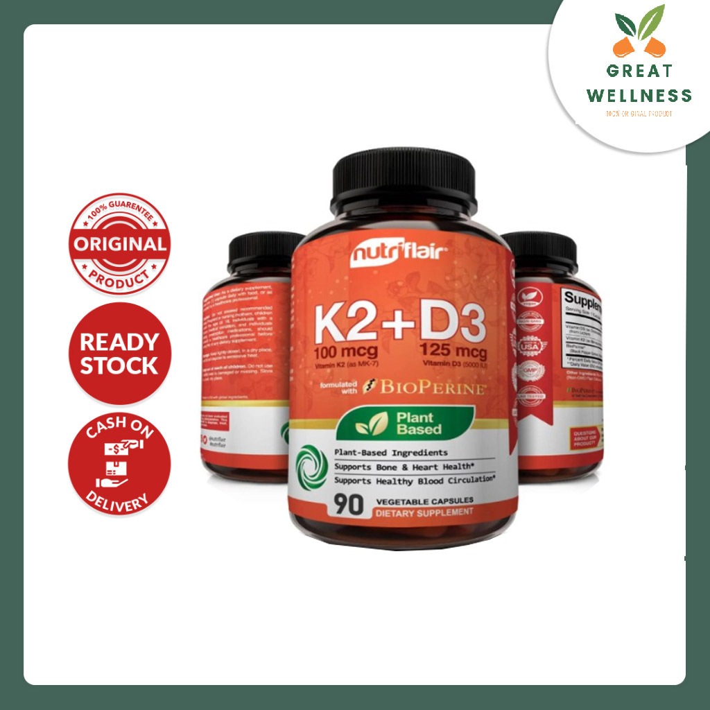 (BISA COD) NUTRIFLAIR Vitamin K2 (MK7) + D3 5000 IU BioPerine - 90 Capsules - ORI