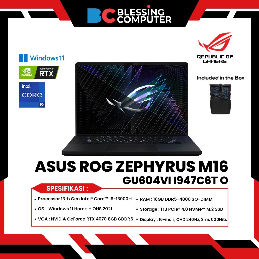 ASUS ROG ZEPHYRUS M16 GU604VI I947C6T O Core i9 13900H 16GB 1TB 4070