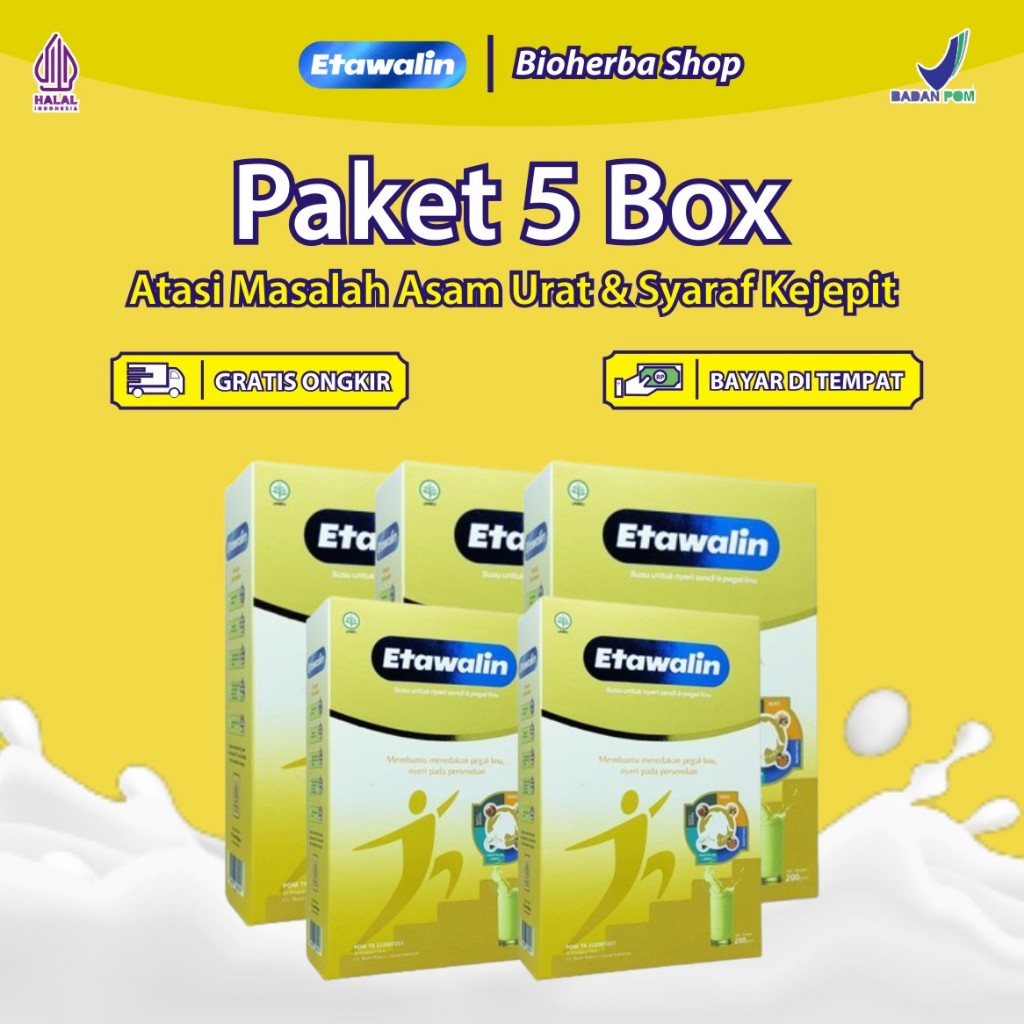 

PAKET SEHAT 5 BOX ETAWALIN Original Murni Untuk Kesehatan Tulang & Sendi Mengatasi Asam Urat Nyeri Lutut nyeri Pinggang Saraf Kejepit Tulang Keropos Osteoporosis Susu Etawa Murni Bantu Menyehatkan Tulang dan Sendi