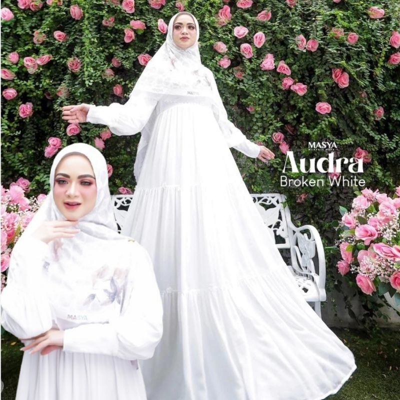 Set Gamis Dress Ceruty Babydoll Syari Branded Warna Putih Tulang - Broken White Mewah Masya Syari Or