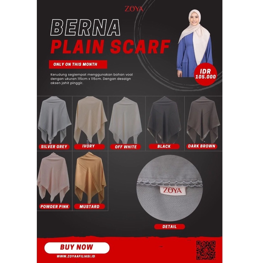 KERUDUNG SEGIEMPAT POLOS BERNA SCARF ZOYA