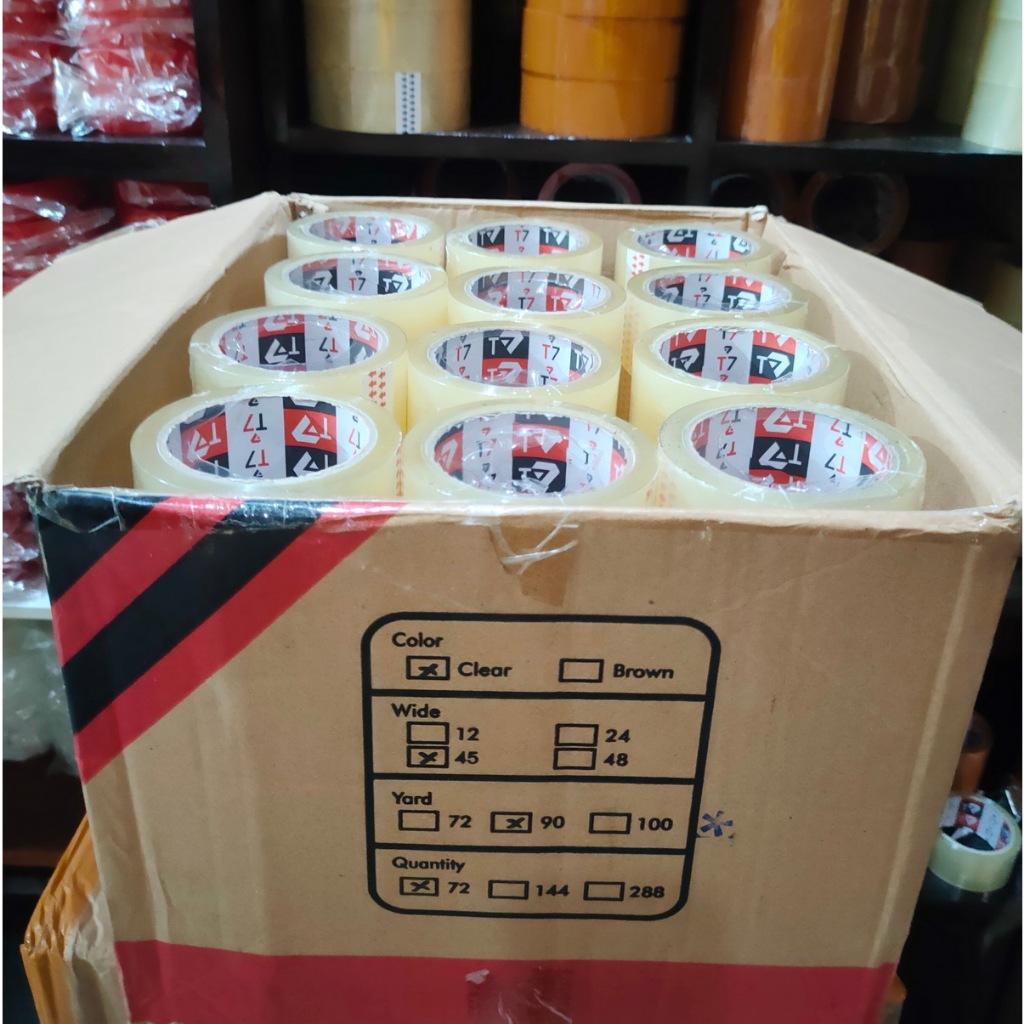 

Lakban 1 Dus 45mmx90yard 2 Inch Bening dan Coklat Selotip Opp Packing Clear Tape Isolasi 1 kardus Isi 72 roll