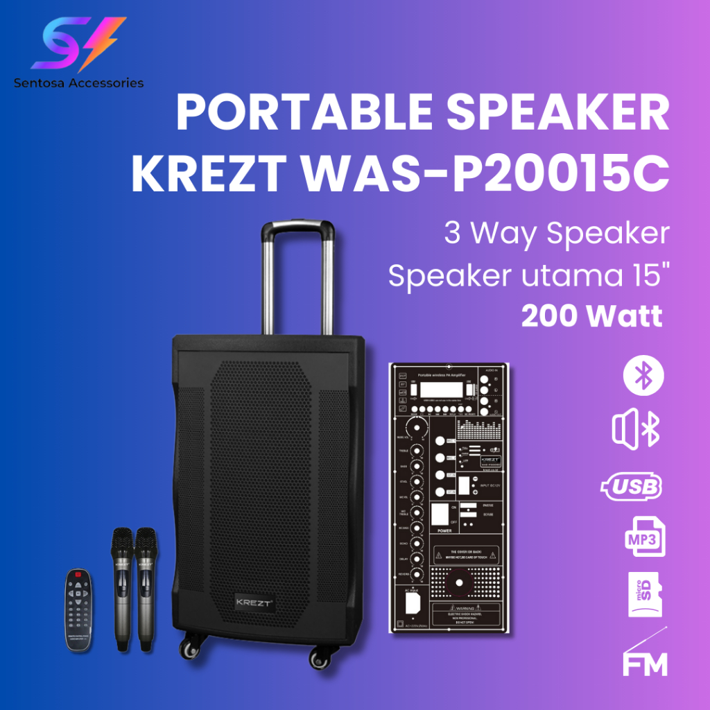 Portable Speaker KREZT WAS-P20015C Speaker Bluetooth 3 Way Speaker Speaker Portable 15 Inch