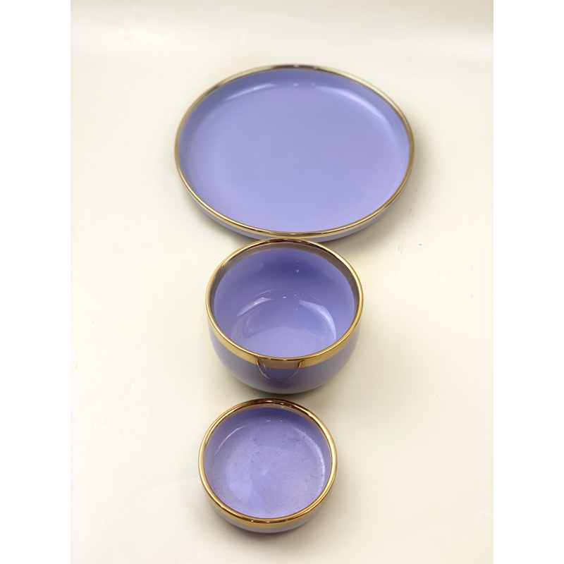 Terlaris Ashome Piring Set 1 Orang Piring Makan Set Keramik Ungu Lilac Gold Isi 3 Pcs / Piring Set