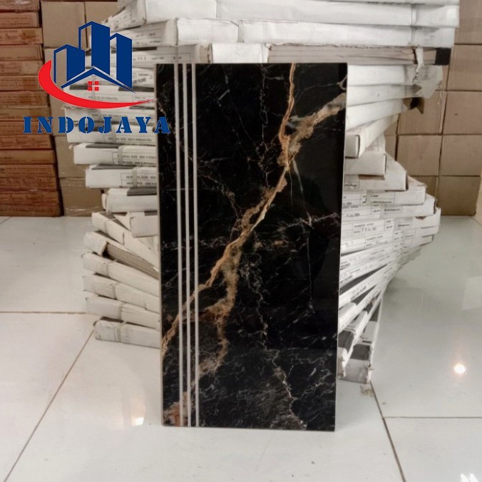 granit tangga motif marmer serat hitam gold30x80 30x120 keramik custom ukuran list plint