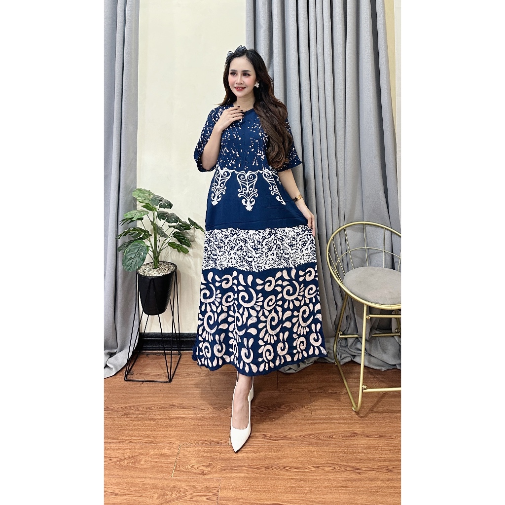 Batikid — Daster Cap Rayon Twill Handmade — Daster Santai Busui Bahan Adem  — Kail Biru