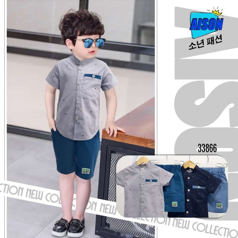 setelan kemeja anak laki laki lengan pendek aison 1-3 tahun