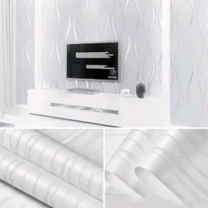 Wallpaper Dinding Putih Polos Bertekstur Salur Lebar Timbul Mewah Elegant Kekinian