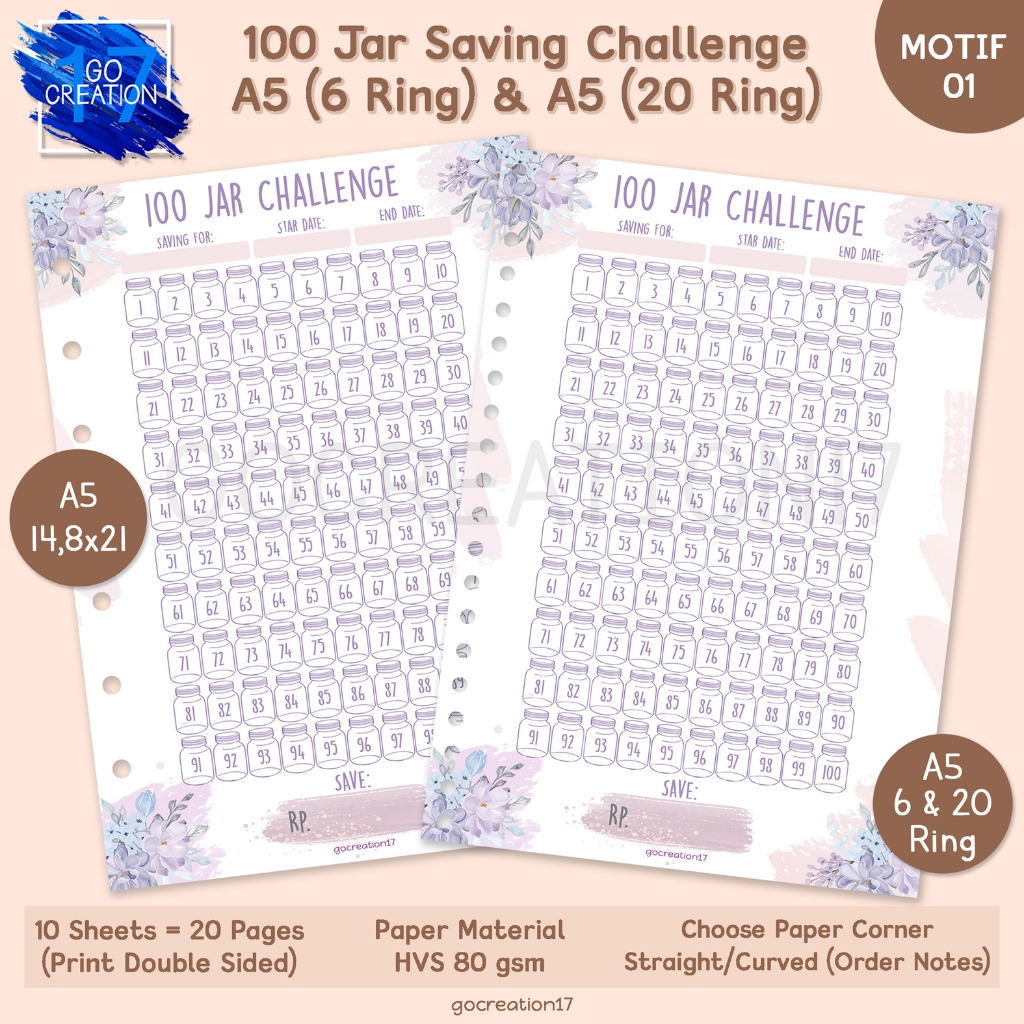 

Kertas Planner Isi Binder 100 Jar Saving Challenge Motif Premium A5