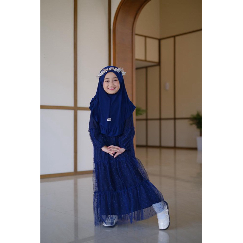 Gamis Elsa Set Kerudung Warna Navy Gamis Anak Kerudung Bahan Rayon Tile Dot Neeca Size 2 4 6 8 10 Tahun