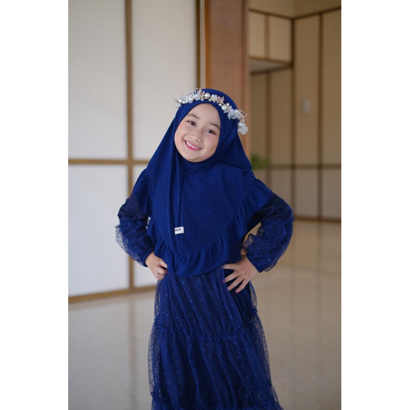 Gamis Elsa Set Kerudung Warna Navy Gamis Anak Kerudung Bahan Rayon Tile Dot Neeca Size 2 4 6 8 10 Tahun