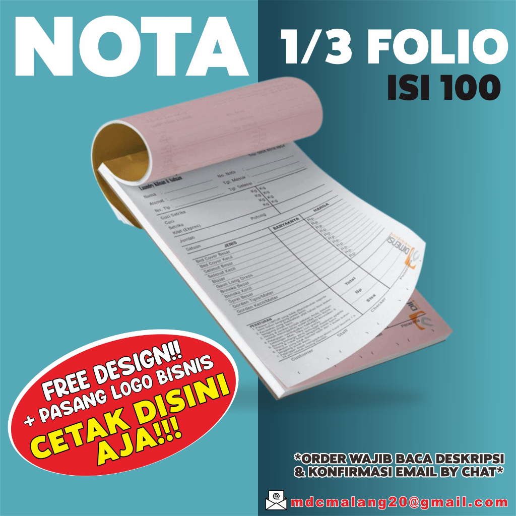 

NOTA 1 WARNA 1/3 FOLIO ISI 100 LEMBAR - CUSTOM DESAIN LOGO CUSTOMER 3PLAY