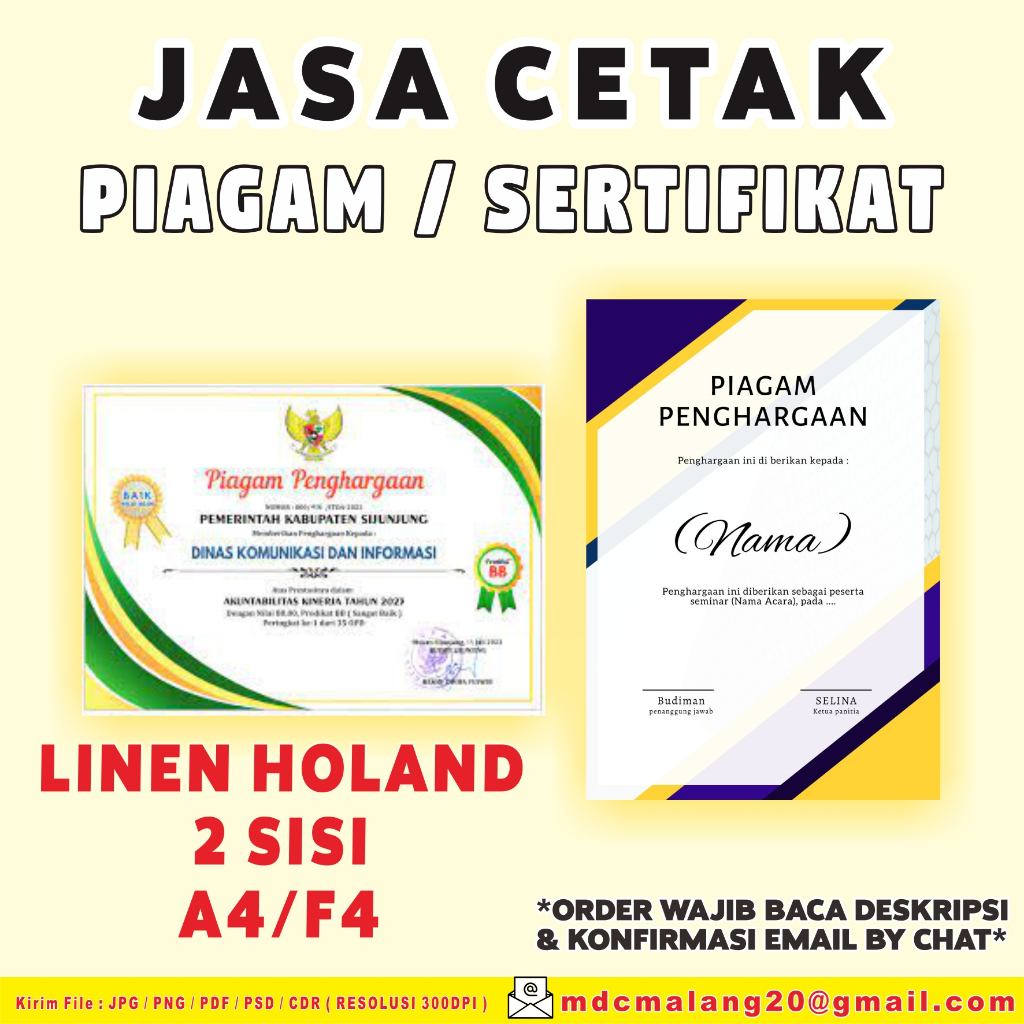 

CETAK PIAGAM DAN SERTIFIKAT A4 / F4 2 SISI KERTAS LINEN HOLAND