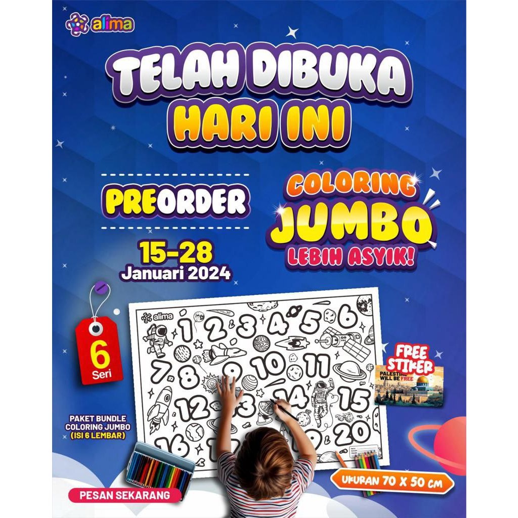 Kertas Gambar Mewarnai Jumbo Coloring Fun Anak Kreatif Tema Hijaiyah, Alfabet, Angka (ALIMA STUDIO)