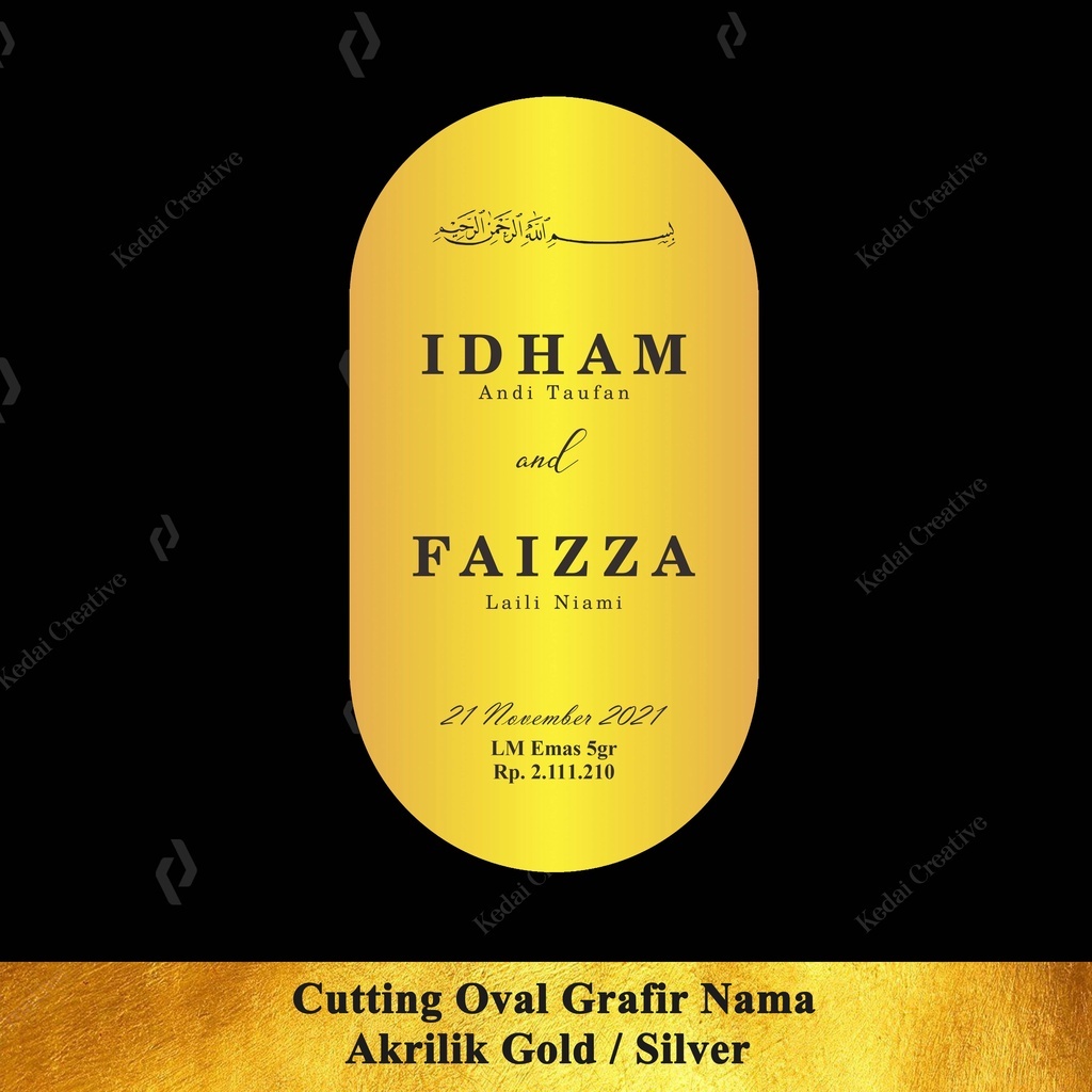 Cutting Oval Grafir Nama Akrilik Mirror Gold Dekorasi Mahar