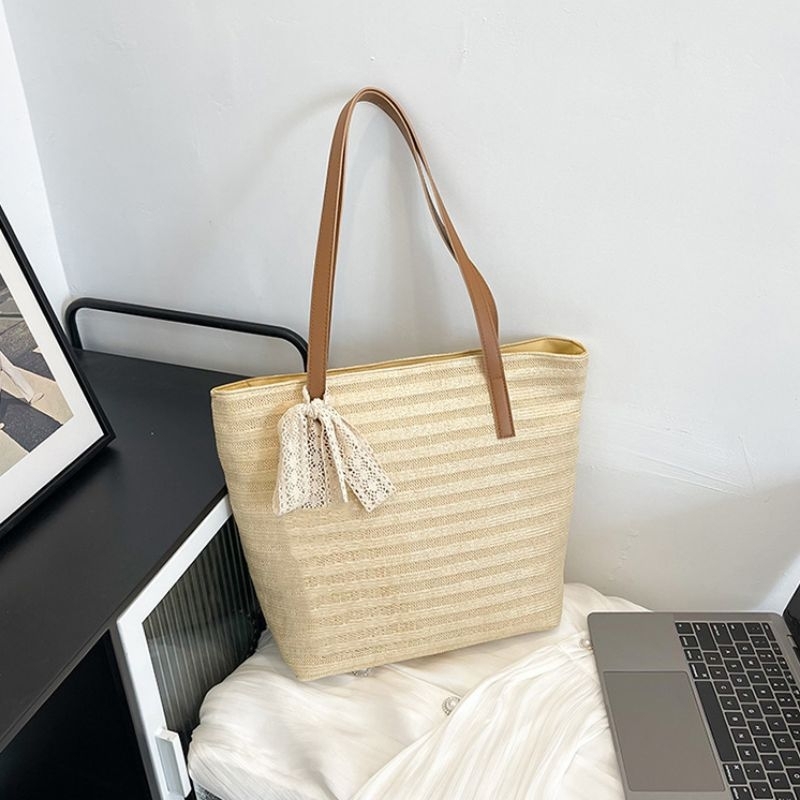 Tas Pantai Anyam Strips Pita Renda TW252  Shoulder Bag Etnik Rajut Wanita