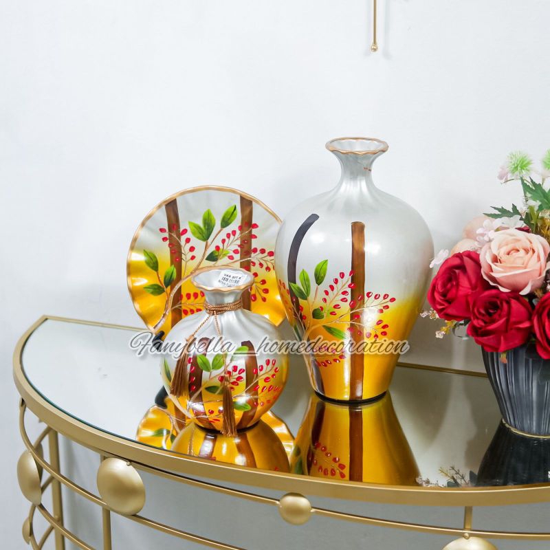 Pajangan Meja Satu Set Guci Vas Piring Keramik Kuning Emas Import Dekorasi Rumah