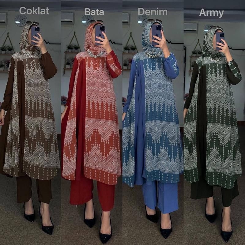 BAJU SETELAN MIDI SET HIJAB 3 in 1 ZIGZAG TUNIK CERUTY MIX CRINGKLE ONESET TUNIK KULOT