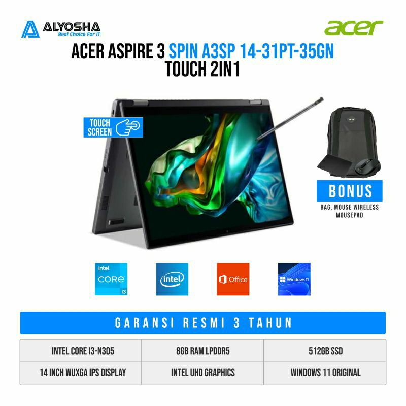 Acer Aspire 3 Spin A3SP14-31PT-35GN Touch 2in1 | Core i3-N305/8GB/512GB/W11/OHS/14"