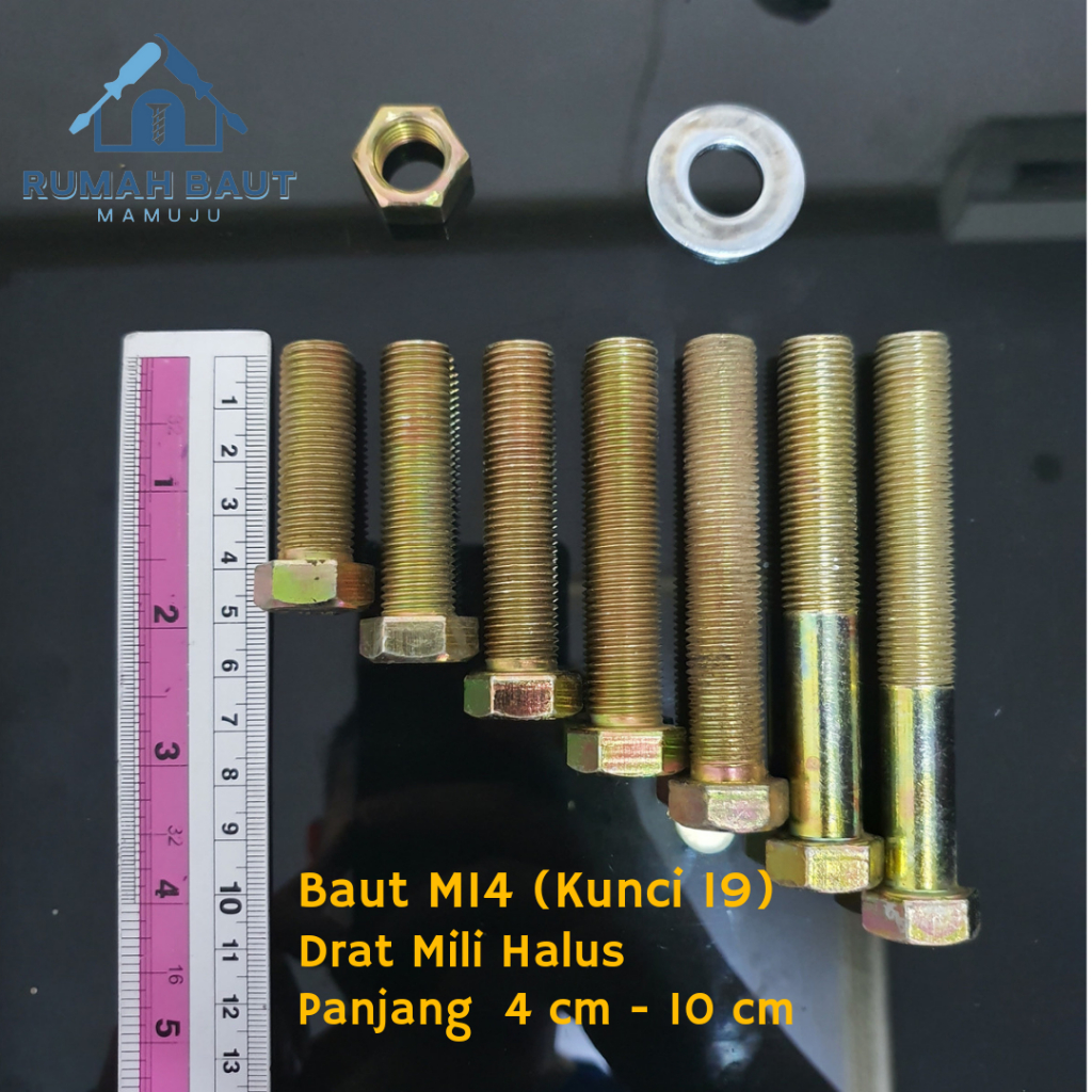 Baut M14 Kunci 19 (Drat Mili Halus/1.5) Panjang 4-10 cm
