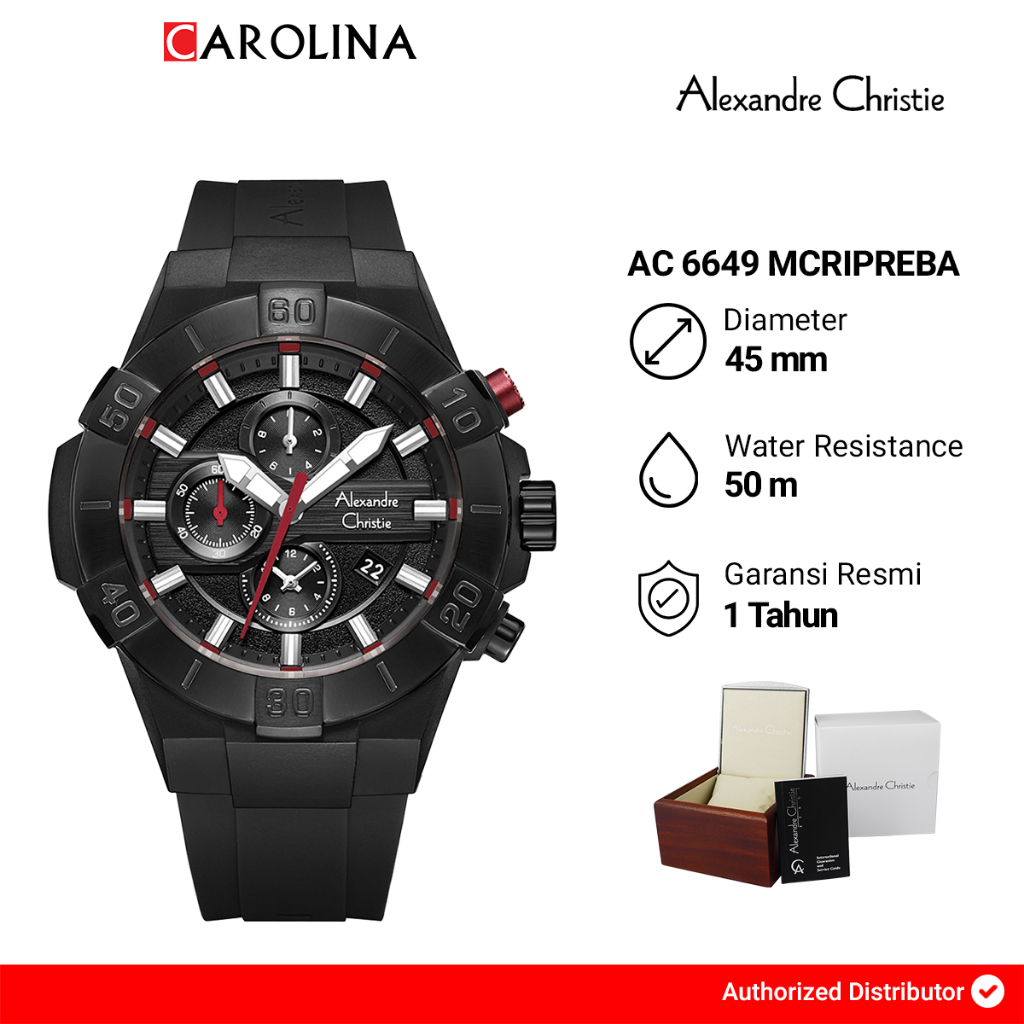 Jam Tangan Pria Alexandre Christie Chronograph AC 6649 MCRIPREBA Black Dial Black Rubber Strap