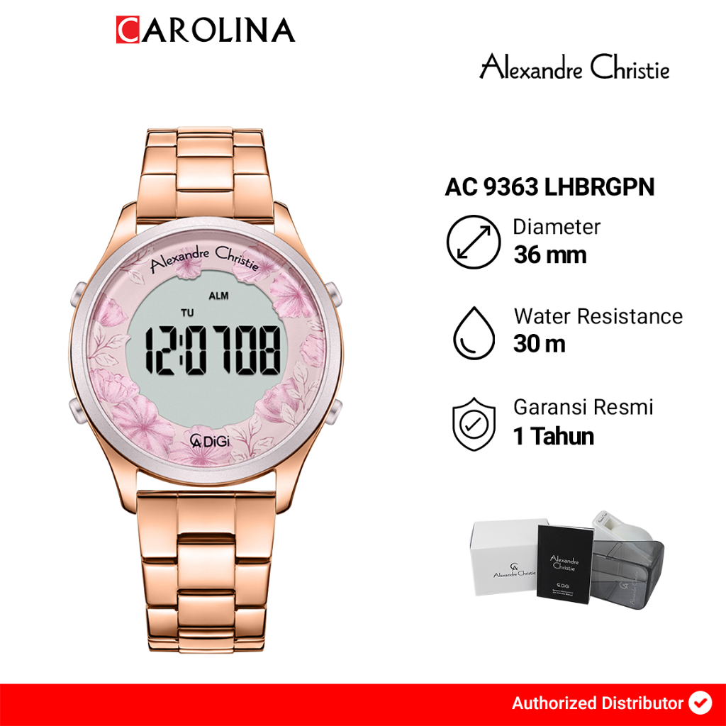 Jam Tangan Wanita Alexandre Christie Digi AC 9363 LHBRGPN Light Purple Flower Motif Dial Rose Gold S