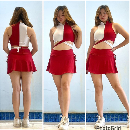 Setelan Crop Bra Resleting - Rok Tali Samping merah putih untuk senam olahraga agustusan