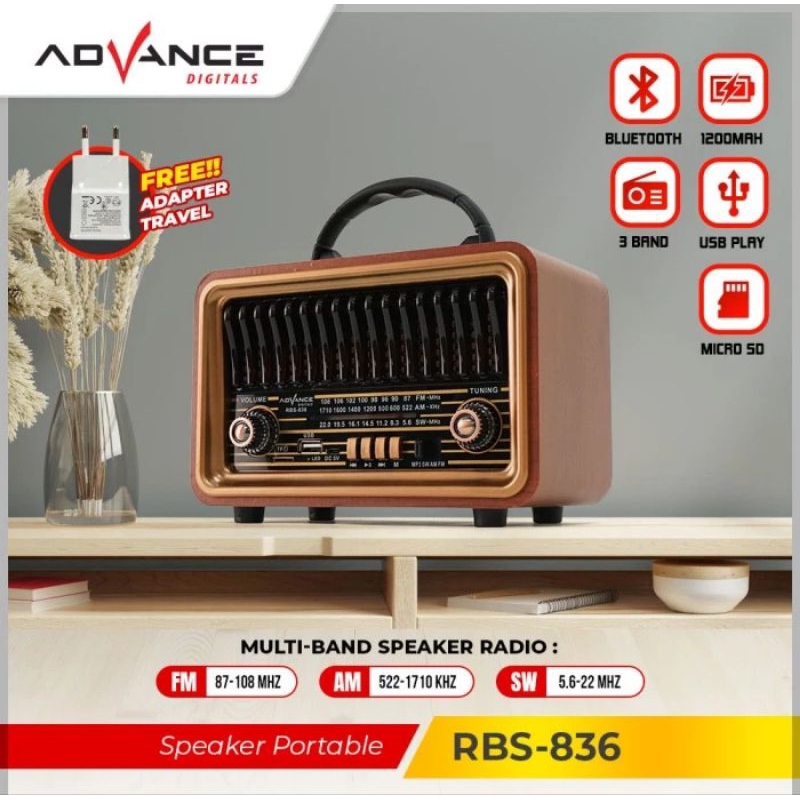ADVANCE SPEAKER PORTABLE BLUETOOTH RADIO KLASIK AM/FM/SW RBS-836
