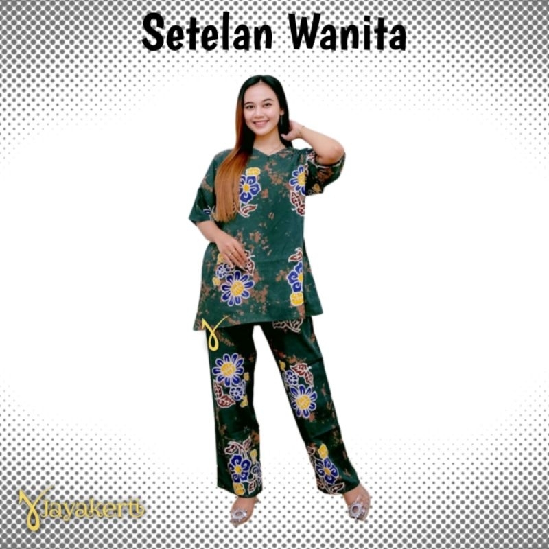 Jayakerti Setelan Wanita Kekinian Batik Sunan Cap Asli Handmade CPLP Celana Panjang Lengan Pendek On