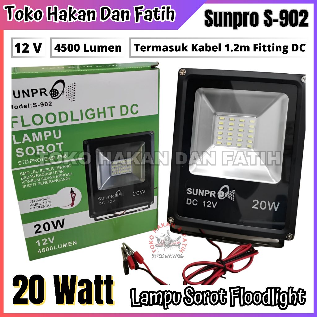 LAMPU SOROT DC 12V 20W 20WATT 20 W CAHAYA PUTIH | Sunpro S-902 12v DC 20w led SMD Floodled IP66 | La