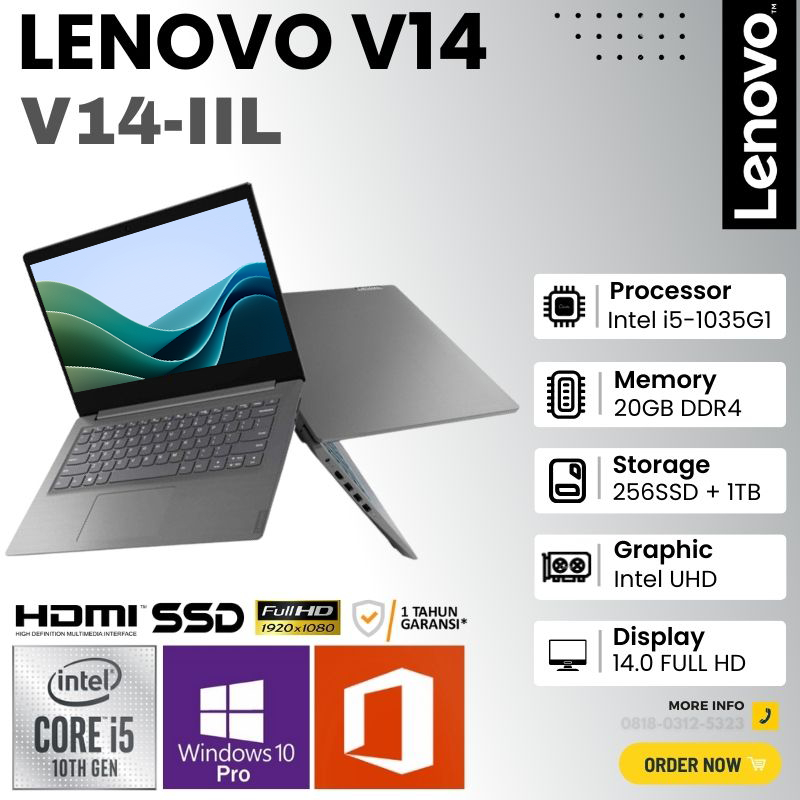 Lenovo V14-IIL Core i5 1035G1 20GB 256SSD + 1TB HDD 14 Inch FHD Windows Laptop Gaming Murah