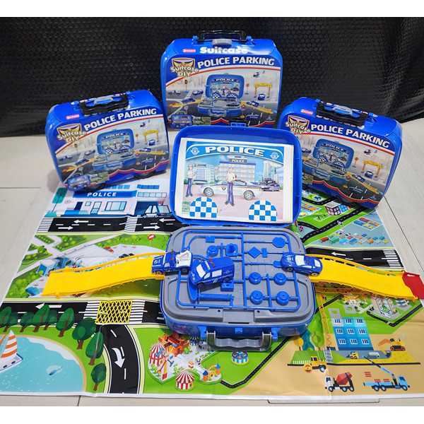 mainan police car mobil parking diy biru polisi mobil parkir koper set
