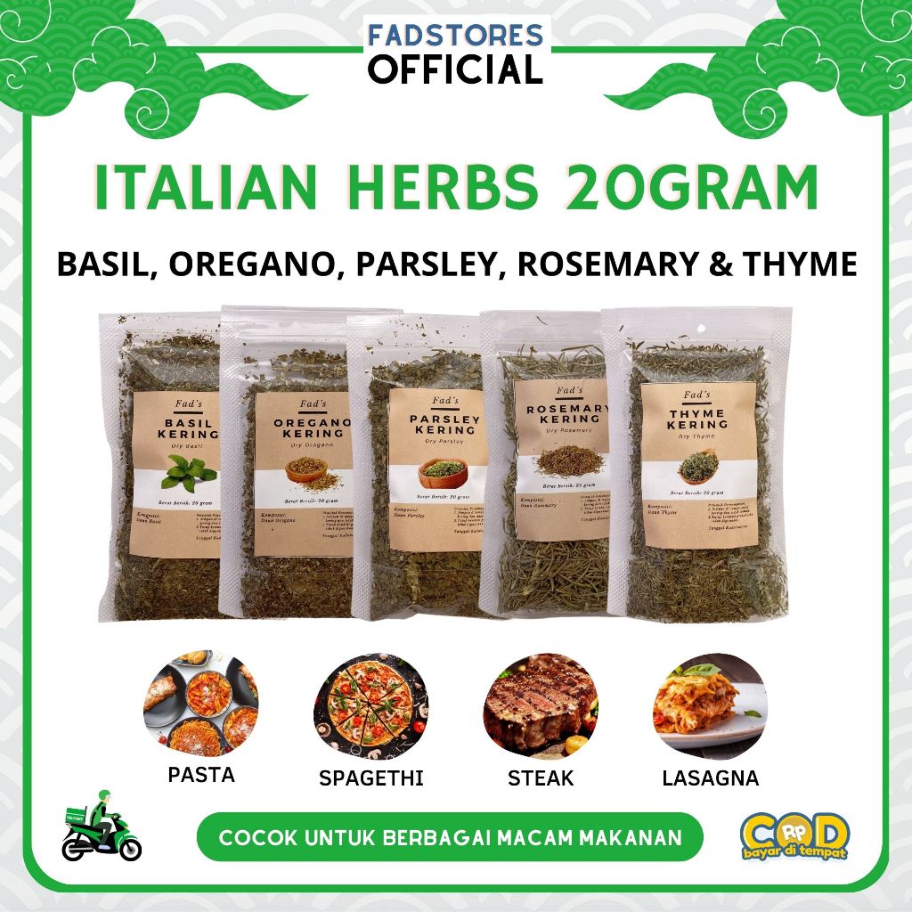 

Italian Spices 20gr - Basil 20gr - Oregano 20gr - Parsley 20gr - Rosemary 20gr - Thyme 20gr - Basil Kering 20gr - Oregano Kering 20gr - Parsley Kering 20gr - Rosemary Kering 20gr - Thyme Kering 20gr