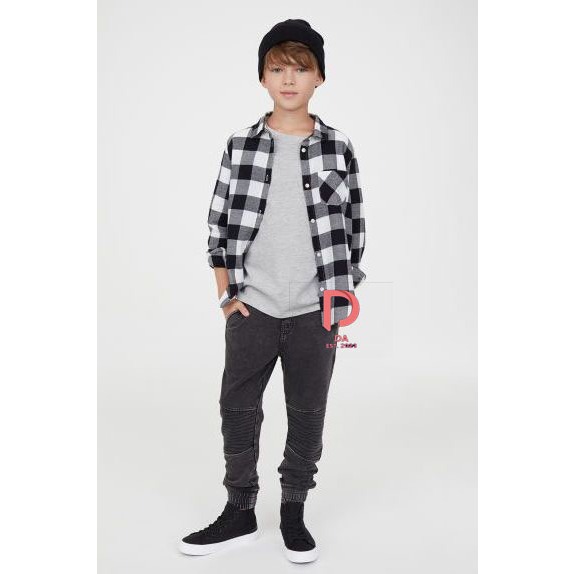 READY Kemeja HEM Anak Cowok Flanel Kotak-kotak Lengan Panjang Pria Kancing Bawah M- 2XL 2024