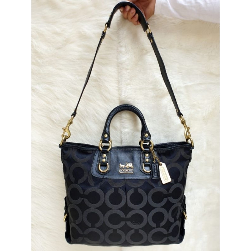 Tas Coach Shoulder Bag Handbag Hitam Kanvas Mix Kulit Asli