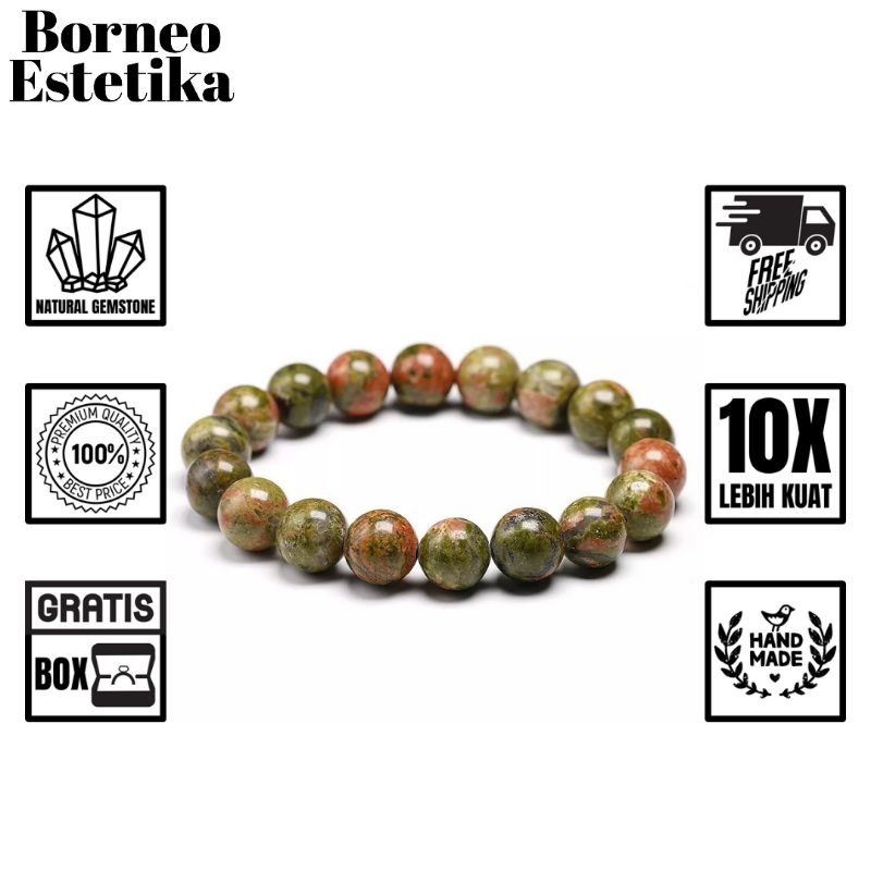 Borneo Estetika - Gelang Batu Wanita Asli Batu Alam Kalimantan Natural Gemstone Unakite Warna Hijau