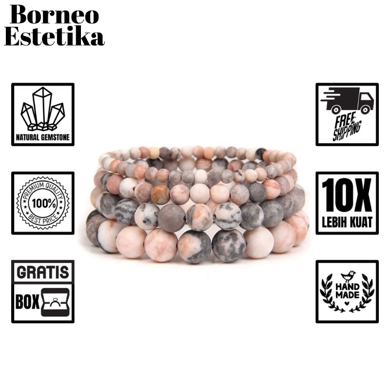 Borneo Estetika - Gelang Wanita Batu Alam Asli Kalimantan Warna Merah Muda Natural Gemstone Pink Zeb