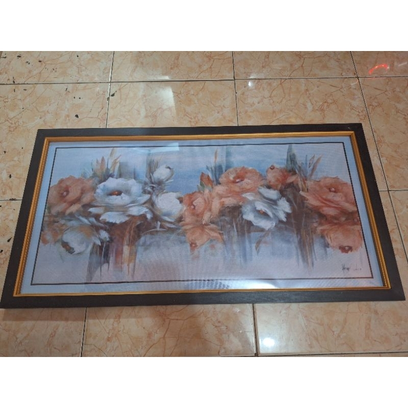 Hiasan dinding cetak gambar lukisan Bunga peony plus bingkai uk 100x50cm