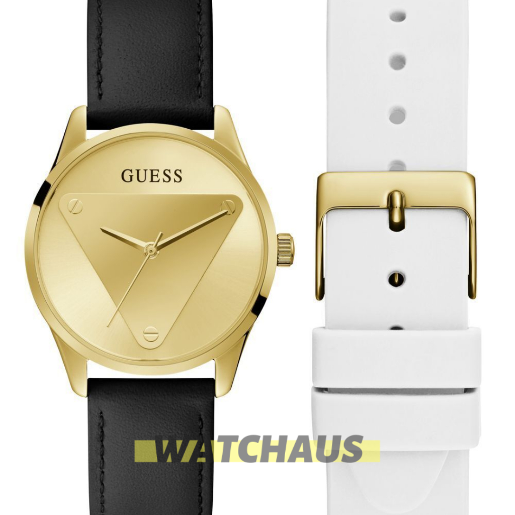 JAM TANGAN WANITA GUESS GW0642L1 GW0642 L1 ANALOG SET GOLD BLACK LEATHER STRAP + FREE WHITE RUBBER S