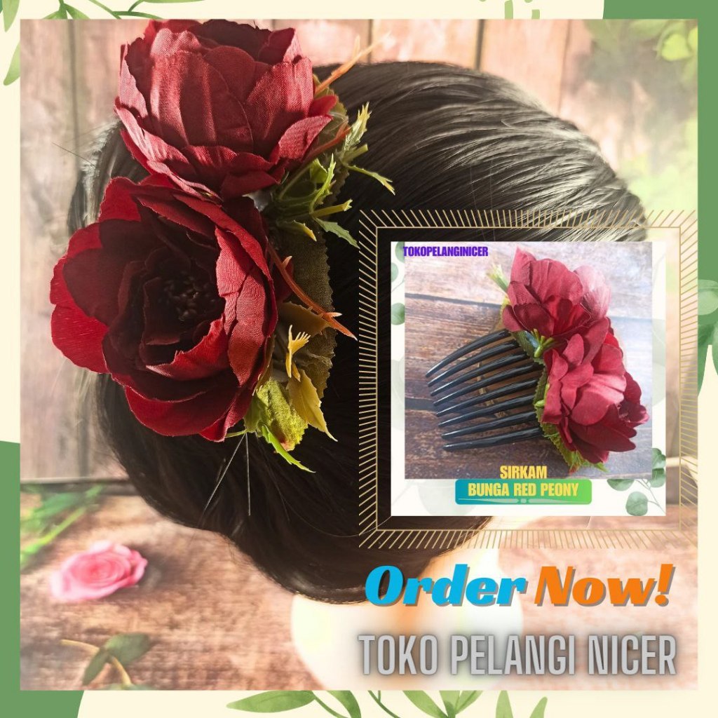 Sirkam Rambut Bunga Red Peony Dua Bunga -Hiasan Rambut Sanggul Bunga - Hairdo Jepit Sirkam Rambut