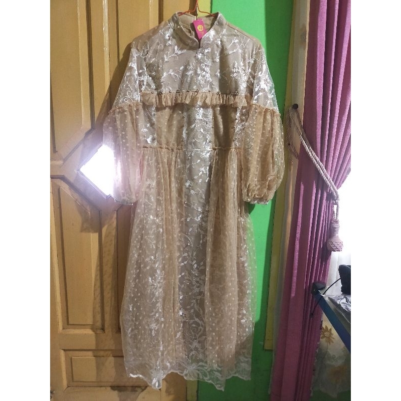 gamis anak brukat tile polkadot L,XL