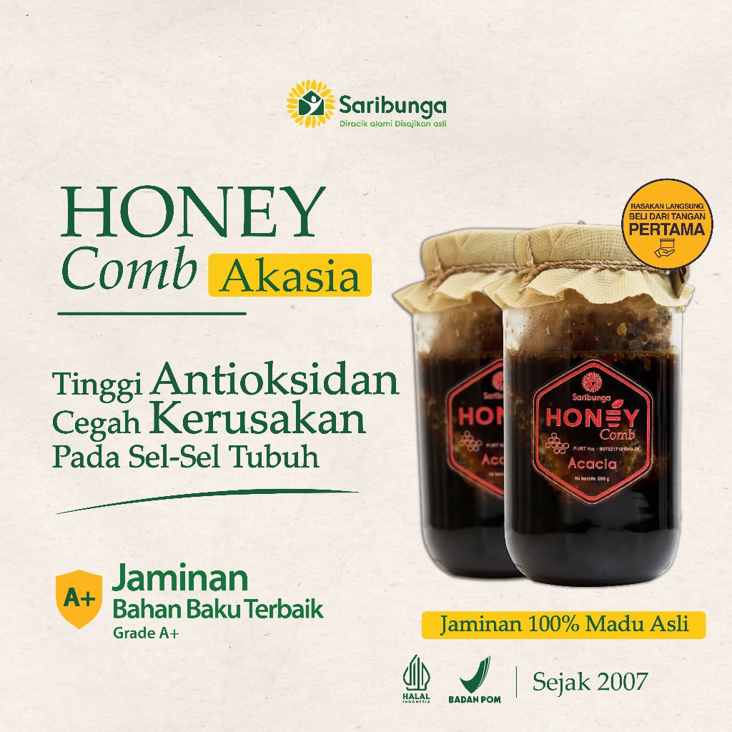 

Honeycomb Akasia Grade A+ SARIBUNGA - Madu Sarang 500Gram Sarang Madu Original Premium Madu Asli