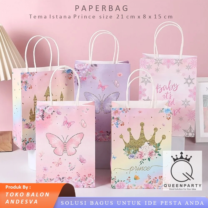 

paper bag gliter / kantong kertas motif princes / tas souvenir ultah motif kastel istana