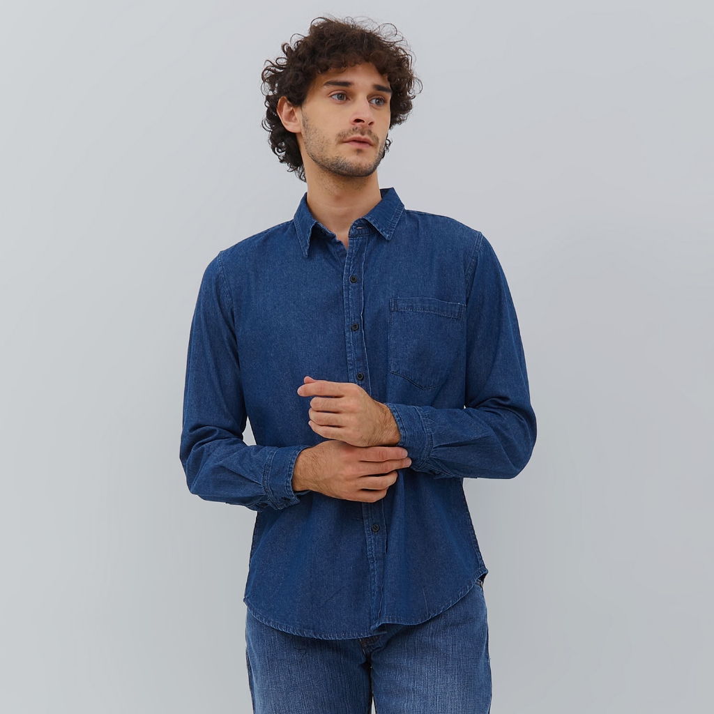 HILLBOSS Kemeja Jeans Lengan Panjang Pria Biru Tua Casie  - Casual Denim Shirt OLD Navy Blue - DSL01
