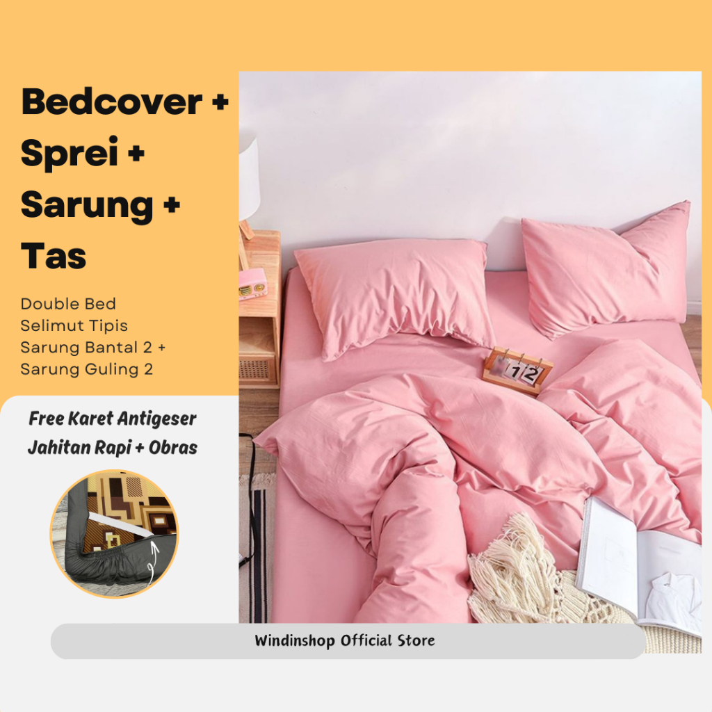 BEDCOVER SET DOUBLE BED SELIMUT TIPIS PINK POLOS | BEDCOVER PINK | BEDCOVER TEBAL