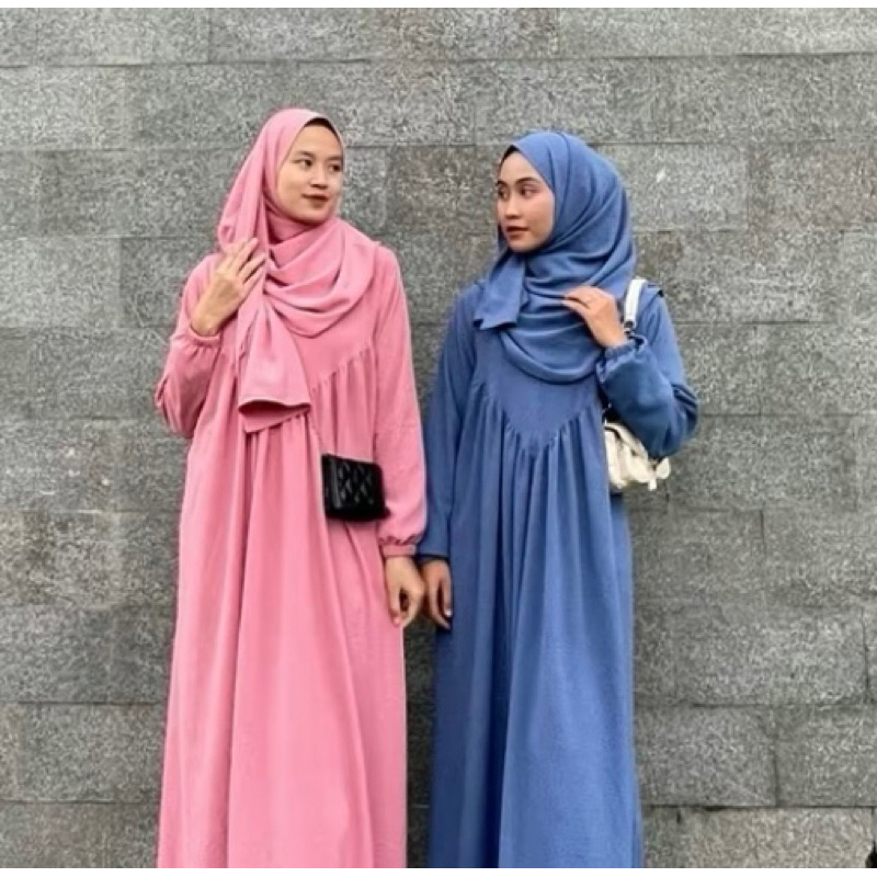 GAMIS SET HIJAB PASMINA SYARIFAH CRINKLE AIRFLOW SLIM LEMBUT WANITA PANJANG/DRESS POLOS WUDHU LEBARA